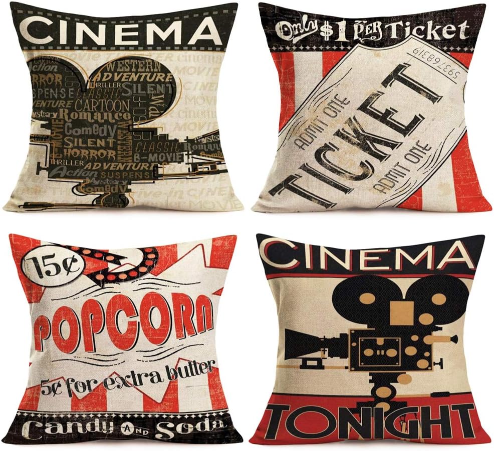 Home Cinema Tickets - Penutup bantal dekoratif bioskop antik dengan