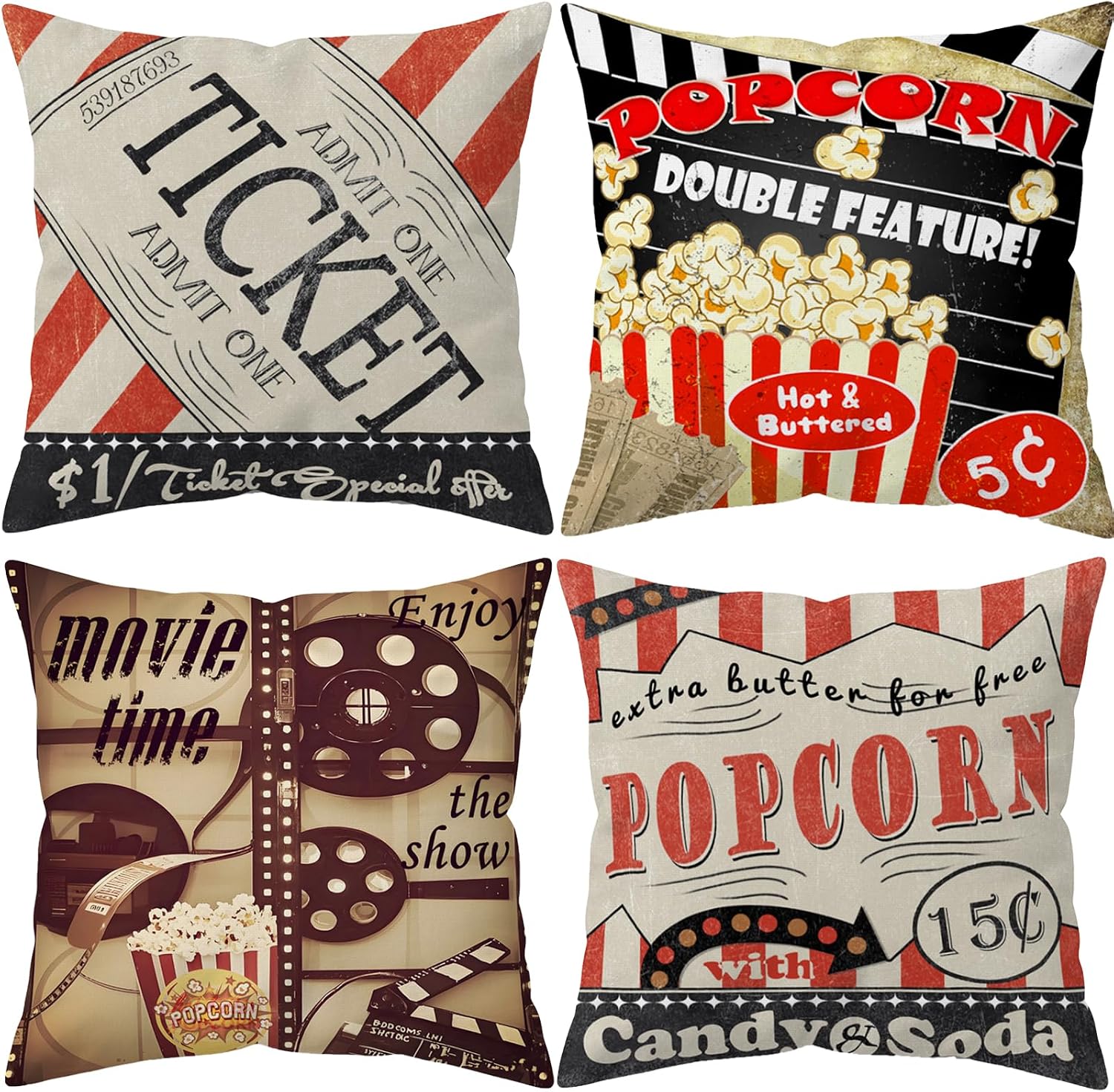4Pcs Sarung Bantal Retro Biosk - Home Cinema Tickets ulasan dan harga